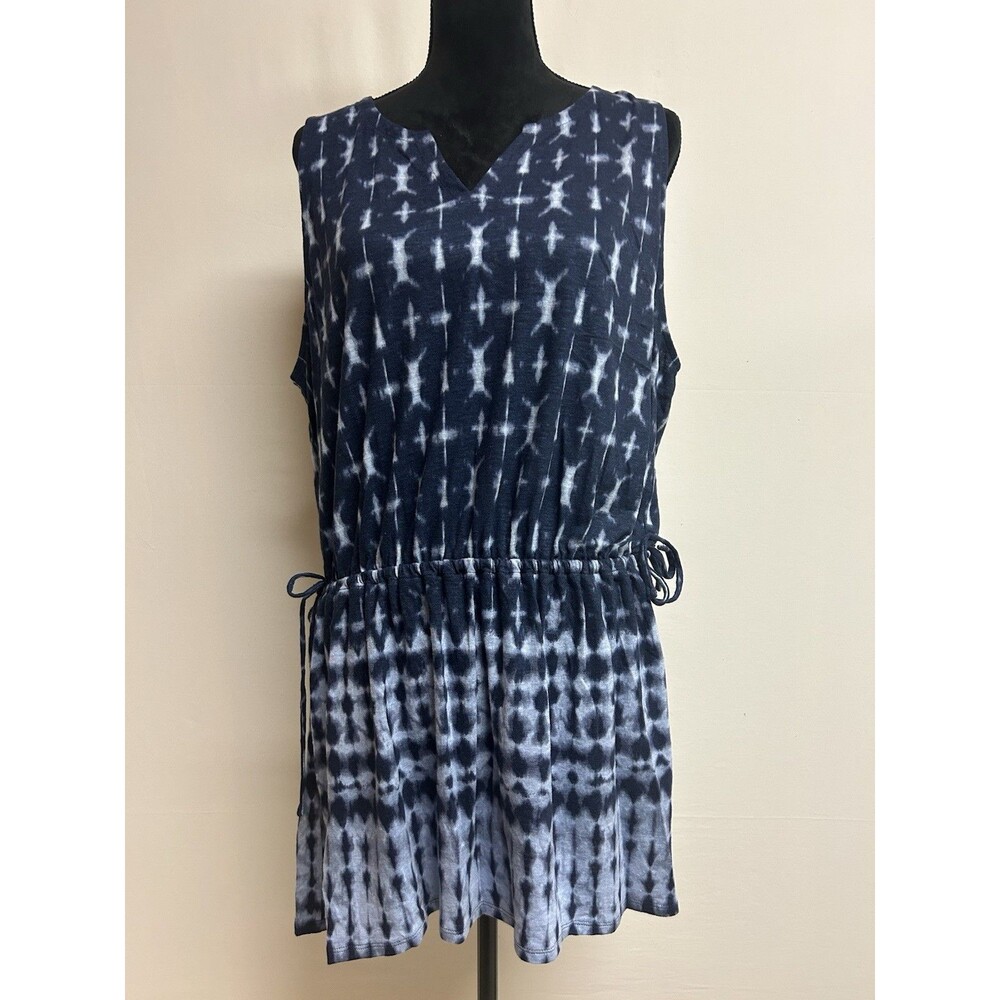 J. Jill Pure Petite Sz XL Short Dress Cinch Waist Navy Batik V Neck Sleeveless